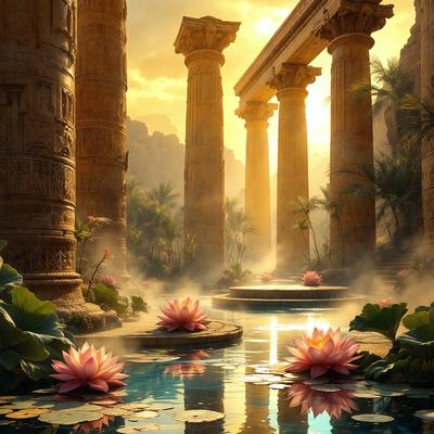 The primary subject of the image is a beautiful garden with a pond, surrounded by a variety of flowers and plants. The setting is a serene and picturesque environment, with a mountainous backdrop. The visual style of the image is a combination of photo and digital art, creating a realistic yet artistic representation of the garden. The colors and mood of the image are predominantly warm and vibrant, with the flowers and plants adding a sense of life and beauty to the scene.
